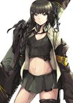  alternate_hairstyle assault_rifle black_gloves black_hair black_shirt black_skirt blurry braid breasts closed_mouth collarbone collared_shirt cosplay cowboy_shot depth_of_field girls_frontline gloves gun hair_ornament hair_over_shoulder hairclip headphones headphones_around_neck highres hiroki_ree holding jacket kurosawa_dia long_hair looking_at_viewer love_live! love_live!_sunshine!! m16a1 m16a1_(girls_frontline) m16a1_(girls_frontline)_(cosplay) medium_breasts mole mole_under_mouth navel off_shoulder open_clothes open_shirt pleated_skirt rifle shirt skirt smile solo tied_shirt weapon white_background wing_collar 