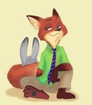  2016 3_toes absurd_res anthro black_nose canine charlenesketch claws clothed clothing dipstick_ears disney duo female fox fur gloves_(marking) green_eyes hi_res judy_hopps lagomorph looking_aside male mammal markings necktie nick_wilde pants rabbit raised_eyebrow shirt simple_background sitting toe_claws toes yellow_background zootopia 