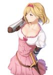  adjusting_hair arm_behind_back arm_guards arm_strap armor bangs belt blonde_hair bow breasts cleavage collarbone commentary cowboy_shot djeeta_(granblue_fantasy) dress frilled_dress frills granblue_fantasy hair_between_eyes hairband hand_up light_smile looking_away low-cut medium_breasts parted_bangs pink_dress pink_hairband ribbed_dress sheath sheathed short_hair shoulder_guard simple_background swept_bangs sword terry_(pixiv3274443) weapon white_background yellow_eyes 