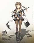  anmi assault_rifle bangs bare_shoulders black_panties blush boots breasts brown_eyes brown_hair character_name cleavage collarbone copyright_name cross-laced_footwear daewoo_k2 eyebrows_visible_through_hair fingerless_gloves full_body girls_frontline gloves gun hair_ornament hairclip highres holding jacket k-2_(girls_frontline) knee_boots korean lace-up_boots logo long_hair looking_at_viewer medium_breasts navel official_art open_mouth panties pantyhose rifle shadow smile solo standing underwear watermark weapon web_address 