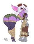  2017 ass_up bent_over big_butt breasts butt clothed clothing digital_media_(artwork) eyewear female footwear gloves goggles goggles_on_head gun hair huge_butt humanoid league_of_legends leaning legwear looking_at_viewer looking_back midriff not_furry presenting purple_skin ranged_weapon rear_view riot_games short_stack shorts simple_background small_breasts smile solo tangobat thick_thighs thigh_highs tiptoes tristana_(lol) video_games weapon white_background white_hair wide_hips yellow_eyes yordle 