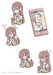  1girl blue_eyes blush brown_hair cellphone closed_eyes dress_shirt embarrassed facial_hair full-face_blush highres jacket labcoat laughing long_hair makise_kurisu necktie okabe_rintarou phone red_neckwear ryou-san shirt short_hair simple_background smile steins;gate white_background 