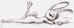  3_toes anthro bed butt disney female greyscale hindpaw judy_hopps lagomorph looking_at_viewer lying mammal monochrome nude on_front one_eye_closed paws pillow rabbit raised_leg short_tail side_view simple_background smile solo toes w4g4 white_background zootopia 