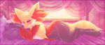  2017 3_toes anthro bed blush claws delphox digital_media_(artwork) dimwitdog female hi_res inside lying nintendo on_bed pillow pok&eacute;mon pok&eacute;mon_(species) red_eyes seductive smile solo toe_claws toes video_games 