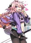  ;d animal_hood astolfo_(fate) belt black_bow black_ribbon black_skirt blush bow braid building bunny_hood casual cowboy_shot crop_top fang fate/apocrypha fate/grand_order fate_(series) food food_on_face groin hair_intakes hair_ribbon heart holding holding_food hood hood_down hooded_jacket jacket long_hair long_sleeves looking_at_viewer male_focus multicolored_hair navel negi_(ulog'be) one_eye_closed open_clothes open_jacket open_mouth otoko_no_ko pantyhose parfait pink_hair pleated_skirt purple_eyes purple_jacket ribbon single_braid skirt skirt_pull smile standing stomach streaked_hair tsurime very_long_hair white_hair wind wind_lift wrapper 