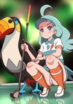  ahoge aqua_hair bird blue_eyes blush bracelet collared_shirt elite_four gen_7_pokemon golf_club holding holding_golf_club jewelry kahili_(pokemon) kneehighs long_hair mole mole_under_eye orange_legwear panties pantyshot pantyshot_(squatting) pokemon pokemon_(creature) pokemon_(game) pokemon_sm reflection reflective_floor shirt shoes short_sleeves shougakusei skirt squatting striped striped_shirt toucan toucannon underwear visor_cap white_footwear white_panties 