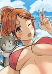  :3 ;d animal animal_on_shoulder aquila_(kantai_collection) bangs bikini bikini_top blush breasts cat cloud cloudy_sky day from_below hair_ornament hairclip highres jpeg_artifacts kantai_collection large_breasts looking_at_viewer looking_down nail_polish one_eye_closed open_mouth orange_hair outdoors parted_bangs pink_nails ponytail red_bikini round_teeth short_hair sky smile solo soushou_nin swimsuit tareme teeth underboob upper_body v 
