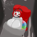  big_breasts breasts clown crowd dot_(mcnasty) female group hair huge_breasts humanoid mcnasty not_furry public red_hair sharp_teeth solo_focus stuck teeth tongue yellow_eyes 