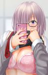  bad_id bad_nicoseiga_id bra breasts cellphone cleavage commentary_request fate/grand_order fate_(series) gachou hair_over_one_eye holding holding_phone large_breasts long_sleeves mash_kyrielight necktie phone pink_bra purple_eyes purple_hair reaching_out self_shot short_hair smartphone solo taking_picture underwear upper_body 