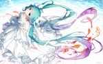  aqua_eyes aqua_hair bai_yemeng collarbone dress earrings fish floating_hair from_above hatsune_miku highres jewelry long_hair looking_at_viewer solo twintails very_long_hair vocaloid white_dress 