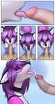  2017 anthro balls breasts canine collar comic cum cumshot digital_media_(artwork) duo ejaculation erection female fox fur hair humanoid_penis hyattlen looking_at_viewer male male/female mammal nipples nude open_mouth oral oral_penetration orgasm penetration penis pink_fur purple_eyes purple_hair selene_leni sex simple_background teeth tongue tongue_out 