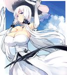  azur_lane bangs bare_shoulders blue_eyes blunt_bangs blush breasts closed_mouth cloud cloudy_sky collarbone cowboy_shot cross day detached_collar dress elbow_gloves eyebrows_visible_through_hair gem gloves hat highres huge_breasts illustrious_(azur_lane) long_hair looking_at_viewer orb outdoors pen_(pen3) silver_hair sky solo star_(sky) strapless strapless_dress sun_hat thighhighs very_long_hair white_dress white_hat 