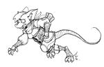  anthro breasts buckteeth claws clothed clothing digitigrade female fully_clothed guoh hair inner_ear_fluff mammal monochrome panic rat rodent running scarf scroll solo teeth 