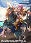  beret blonde_hair book boots brown_eyes cape cloud copyright_name drill_hair fire_emblem fire_emblem_cipher fire_emblem_if foleo_(fire_emblem_if) furikawa_arika gloves hat horse long_hair male_focus official_art otoko_no_ko sky solo sparkle 