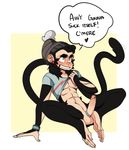  &lt;3 2015 abs anthro balls black_fur black_hair blush bottomless bran clothed clothing cock_ring dialogue digital_drawing_(artwork) digital_media_(artwork) ear_piercing english_text erection fur green_eyes hair hat hi_res humanoid_penis inviting male mammal mitarashi monkey penis piercing prehensile_feet primate shirt simple_background solo spider_monkey text white_background 