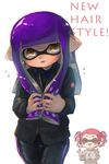 bangs blunt_bangs blush_stickers closed_eyes domino_mask double_v english flying_sweatdrops hair_grab hands_up highres hime_cut inkling kashu_(hizake) long_hair long_sleeves looking_at_viewer mask multiple_girls parted_lips pointy_ears short_hair smile splatoon_(series) splatoon_2 sweater tentacle_hair twintails upper_body v yellow_eyes 