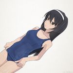  adjusting_clothes adjusting_swimsuit akagi_(fmttps) bad_id bad_twitter_id black_hair breasts brown_eyes girls_und_panzer hair_between_eyes hairband long_hair one-piece_swimsuit reizei_mako school_swimsuit small_breasts solo swimsuit twitter_username wet wet_clothes wet_swimsuit white_background white_hairband 
