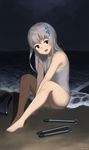  absurdres barefoot beach black_eyes blue_ribbon full_body hair_ribbon highres horizon kantai_collection long_hair looking_at_viewer night ocean one-piece_swimsuit open_mouth outdoors ribbon school_swimsuit shiiransu silver_hair sitting smile solo swimsuit torpedo u-511_(kantai_collection) water waves white_school_swimsuit white_swimsuit 
