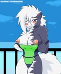  2010 anthro big_breasts big_hair big_tail blush breasts camel_toe chess_(character) clothed clothing day droll3 fangs female fur hair looking_at_viewer mammal multicolored_fur nipples one_eye_closed partially_clothed seaside skunk smile two_tone_fur undressing wink 