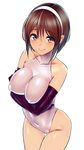  alternate_costume black_gloves breast_hold breasts brown_eyes brown_hair elbow_gloves gloves hairband kantai_collection large_breasts leotard looking_at_viewer natori_(kantai_collection) short_hair simple_background solo tatsu_shinomu turtleneck white_background white_hairband white_leotard 