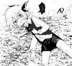  aki_maki_yuu bone_hair_ornament clenched_teeth commentary crying crying_with_eyes_open greyscale hair_between_eyes hair_ornament hair_ribbon highres long_sleeves looking_at_viewer lying monochrome on_ground on_side ribbon rumia shirt shorts solo tears teeth torn_clothes torn_shorts touhou vest wing_collar 