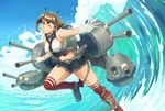  anchor bare_shoulders blue_sky breasts brown_hair chain day emubi gloves green_eyes hairband headgear highres kantai_collection large_breasts mast midriff miniskirt mutsu_(kantai_collection) ocean radio_antenna red_legwear short_hair skirt sky smile smokestack solo turret water waves white_gloves 