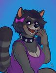  2017 anthro black_hair blue_background breasts cellphone claws cleavage clothed clothing collar digital_media_(artwork) ellie_(ellieraccoon) eyebrows fangs female front_view fur grey_eyebrows grey_fur grey_tail hair hair_bow hair_ribbon half-length_portrait holding_object holding_phone looking_at_viewer mammal newd open_mouth phone portrait procyonid purple_claws purple_clothing purple_eyes purple_shirt purple_topwear raccoon ribbons ringed_tail shirt short_hair signature simple_background smile solo spiked_collar spikes tank_top teeth tongue 