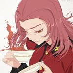 akagi_(fmttps) bad_id bad_twitter_id brown_eyes colored_eyelashes cup dutch_angle girls_und_panzer lips long_hair pink_hair pink_lips rosehip saucer sketch solo st._gloriana's_military_uniform tea teacup white_background 