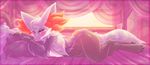  2017 3_toes anthro bed blush claws delphox digital_media_(artwork) dimwitdog hi_res inside lying nintendo on_bed pillow pok&eacute;mon pok&eacute;mon_(species) red_eyes seductive shiny_pok&eacute;mon smile solo toe_claws toes video_games 