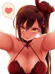  armpits azur_lane blush breasts brown_hair cleavage commentary eyebrows_visible_through_hair eyes_visible_through_hair eyeshadow flower hair_flower hair_ornament heart khnchak large_breasts lipstick long_hair looking_at_viewer makeup outstretched_arms parted_lips pov solo spoken_heart upper_body yellow_eyes zuikaku_(azur_lane) 