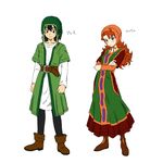  1girl blue_eyes breasts commentary_request curly_hair dragon_quest dragon_quest_vii dress hat hero_(dq7) hood long_hair looking_at_viewer maribel_(dq7) nakajima_akihiko red_hair short_hair small_breasts smile 