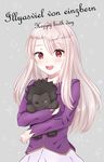  bad_id bad_pixiv_id blonde_hair blush character_doll character_name doll eyebrows_visible_through_hair fate/stay_night fate_(series) happy_birthday highres holding holding_doll illyasviel_von_einzbern long_hair long_sleeves looking_at_viewer red_eyes rossa_(pixiv27548922) smile solo 