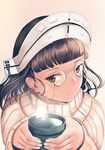  absurdres bangs blunt_bangs brown_eyes brown_hair chiyo_goya cup glasses headdress highres holding holding_cup kantai_collection pince-nez roma_(kantai_collection) simple_background solo sweater upper_body wavy_hair white_sweater 