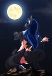  2014 anthro anus blue_hair butt canine cloud crouching detailed_background female hair looking_at_viewer mammal moon no_name:tf絵練習中 open_mouth solo surprise transformation were werewolf 