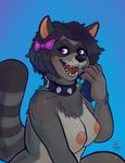  2017 anthro black_hair blue_background breasts cellphone claws collar digital_media_(artwork) ellie_(ellieraccoon) eyebrows fangs female front_view fur grey_eyebrows grey_fur grey_tail hair hair_bow hair_ribbon half-length_portrait holding_object holding_phone looking_at_viewer mammal newd nipples nude open_mouth phone pink_nipples portrait procyonid purple_claws purple_eyes raccoon ribbons ringed_tail short_hair signature simple_background smile solo spiked_collar spikes teeth tongue 