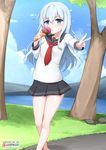  1girl black_skirt blue_eyes blue_hair blue_sky blush closed_mouth cloud day english eyebrows_visible_through_hair female grass hair_between_eyes hibiki_(kantai_collection) holding holding_ice_cream ice_cream kantai_collection long_hair long_sleeves looking_at_viewer necktie outdoors patreon patreon_username plant rock skirt sky solo standing tree v vahn_yourdoom white_shirt 