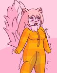  2015 anthro blush breasts clothed clothing digital_media_(artwork) feline female fur hair long_hair mammal neck_tuft open_mouth pajamas peeing pink_background pink_fur pink_hair shaking simple_background solo standing teeth tinycatmom tuft urine watersports wetting 