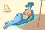  4_toes anthro beach big_breasts blue_eyes breasts catnapstar female female_focus lapras looking_at_viewer lying nintendo nipples nude on_side pok&eacute;mon pok&eacute;mon_(species) psyduck sand seaside smile solo_focus thick_thighs toes towel umbrella video_games wide_hips 