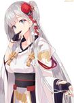  azur_lane blue_eyes eyebrows_visible_through_hair eyeshadow finger_to_mouth flower gloves hair_flower hair_ornament hair_over_one_eye highres japanese_clothes kanzashi kimono long_hair long_sleeves looking_at_viewer makeup mole mole_under_eye one_side_up open_mouth partly_fingerless_gloves pinky_to_mouth shirousa shoukaku_(azur_lane) silver_hair solo tsumami_kanzashi twitter_username wide_sleeves 