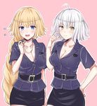  absurdly_long_hair ahoge bad_id bad_pixiv_id blonde_hair blue_eyes blush braid breasts cleavage closed_mouth collarbone eyebrows_visible_through_hair fate/grand_order fate_(series) flying_sweatdrops hand_on_hip holding_whistle jeanne_d'arc_(alter)_(fate) jeanne_d'arc_(fate) jeanne_d'arc_(fate)_(all) large_breasts long_hair looking_at_viewer multiple_girls open_mouth police police_uniform policewoman rossa_(pixiv27548922) short_hair smile sweatdrop uniform very_long_hair whistle white_hair yellow_eyes 