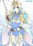  blonde_hair blue_eyes blue_hair cape crown earrings feather_trim fire_emblem fire_emblem_heroes fjorm_(fire_emblem_heroes) gradient gradient_hair ijiro_suika jewelry looking_at_viewer multicolored_hair polearm short_hair simple_background smile solo spear weapon 