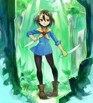  battle_chef_brigade black_eyes black_hair boots dual_wielding forest holding kickstarter knife mina_han nature pantyhose shigehiro_(hiroi_heya) short_hair solo 