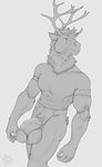  anthro antlers balls big_balls big_penis bottomless cervine clothed clothing fasttrack37d flaccid greyscale horn humanoid_penis male mammal monochrome muscular muscular_male penis pubes reindeer smile solo standing tight_clothing vein 