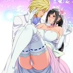  1girl ass black_hair blonde_hair breasts bridal_veil carrying cloud_strife commentary_request couple covered_nipples dress final_fantasy final_fantasy_vii formal hand_on_another's_face hetero highres husband_and_wife large_breasts long_hair panties parted_lips princess_carry smile spiked_hair suit suuitchi thong tifa_lockhart underwear veil wedding_dress white_panties 
