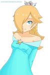  1girl aqua_eyes blonde_hair blue_dress blue_eyes dress earrings jewelry long_hair looking_at_viewer mario_(series) medallion nintendo rosetta_(mario) small_breasts solo super_mario_bros. super_mario_galaxy white_background 