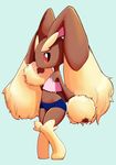  absurdres animal_ears blue_shorts bunny_ears camisole crop_top flat_chest full_body furry hand_to_own_mouth highres konbudou lopunny midriff navel no_humans pink_camisole pokemon pokemon_(creature) red_eyes short_shorts shorts solo 