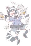  :d animal_ears bangs bike_shorts black_footwear black_gloves black_legwear black_neckwear black_skirt blue_jacket blush_stickers closed_eyes common_raccoon_(kemono_friends) cup drinking_straw drooling eyebrows_visible_through_hair fangs food french_fries fur_collar gloves grey_hair hamburger jacket kemono_friends lying mitsumoto_jouji multicolored_hair on_back open_mouth pleated_skirt raccoon_ears raccoon_tail shoes short_hair skirt sleeping smile socks solo spread_legs tail translated 