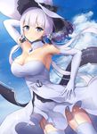  anchor arm_up armpits azur_lane bangs bare_shoulders blue_dress blue_hair blue_sky blush breasts closed_mouth cloud cloudy_sky commentary_request cowboy_shot day dress dutch_angle eyebrows_visible_through_hair figurehead_(figurehead67) garter_straps gloves hair_ribbon illustrious_(azur_lane) large_breasts lavender_hair long_hair looking_at_viewer low_ponytail mole mole_under_eye outdoors ponytail ribbon sidelocks sky smile solo thighhighs tress_ribbon white_dress white_gloves white_legwear 
