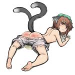  animal_ears ass barefoot bloomers blush brown_hair cat_ears cat_tail chen earrings error feet flat_chest hat jewelry kuro_suto_sukii multiple_tails nipples pee peeing peeing_self red_eyes short_hair solo spanked tail tears toe_scrunch touhou underwear 
