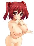  blush breast_hold breast_lift breasts hair_bobbles hair_ornament hands large_breasts mamedenkyuu_(berun) nipples nude onozuka_komachi red_eyes red_hair simple_background smile solo touhou two_side_up 